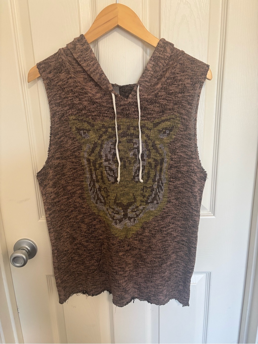 Jesse & J Made in USA Tiger Knit Sleeveless Hoodie Brown Olive XL